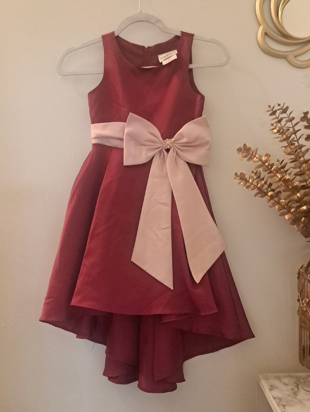 Rare Editions Burgundy High-Low Dress with Blush Bow